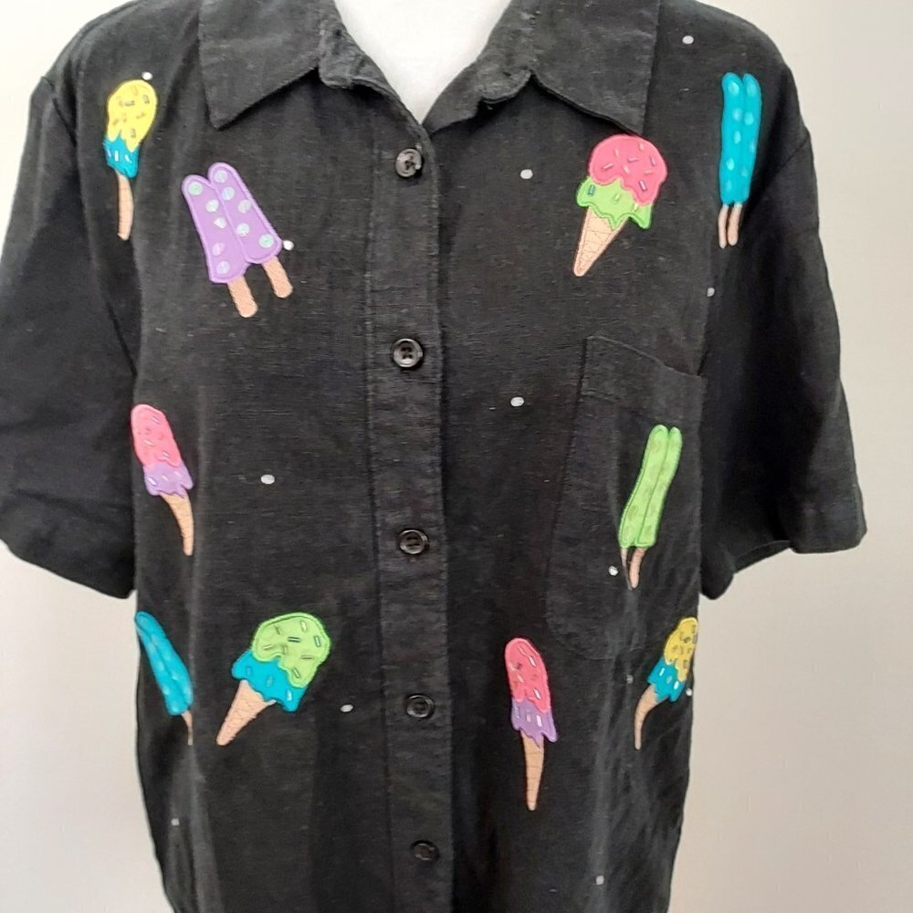 Vinta Quacker Factory Linen Blend Short Sleeve Black Ice Cream Embroidered Shirt - Picture 4 of 7